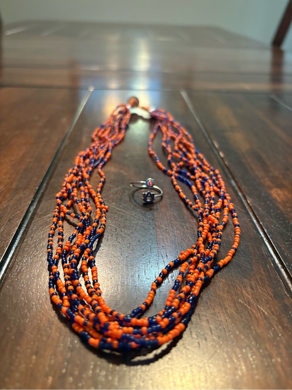 Auburn Orange and Navy Ring and Multi strand Seed Bead Necklace- Women Jewelry